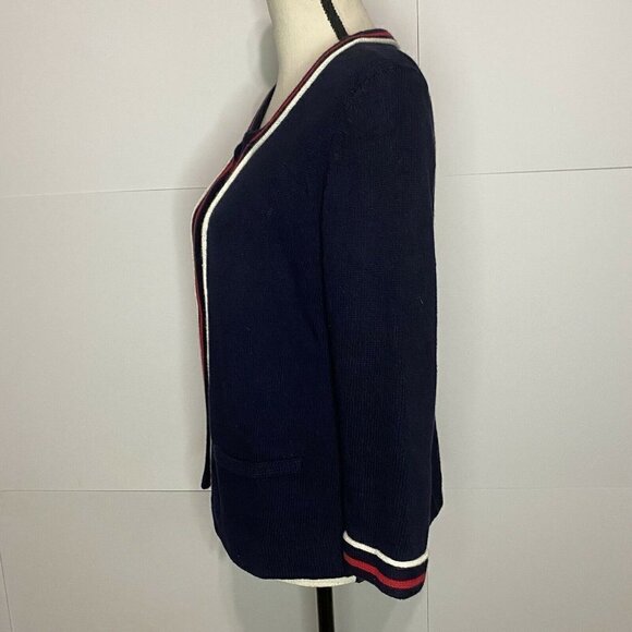 Talbots Petite Small Navy Open Front Cardigan Red White Trim EUC - Picture 4 of 6